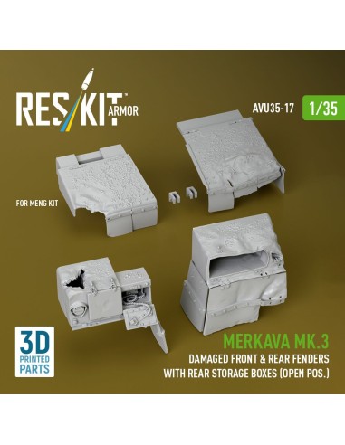 Merkava Mk.3 damaged front & rear fenders with rear storage boxes (open pos.) for Meng kit (3D Printed) 