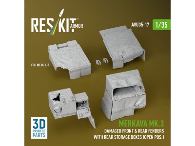 Merkava Mk.3 damaged front & rear fenders with rear storage boxes (open pos.) for Meng kit (3D Printed) 