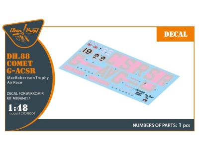 DH.88 Comet G-ACSR MacRobertson Trophy Air Race Decal for Mikromir kit 