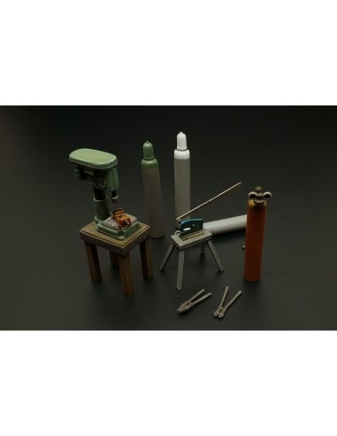 Bench drill-lever shears-oxy acetylene bottles 