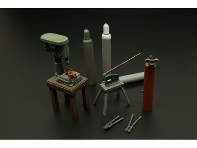 Bench drill-lever shears-oxy acetylene bottles 