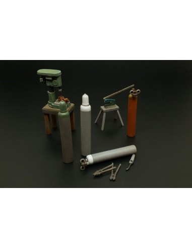 Bench drill-lever shears-oxy acetylene bottles 