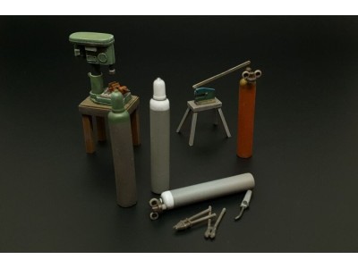 Bench drill-lever shears-oxy acetylene bottles 