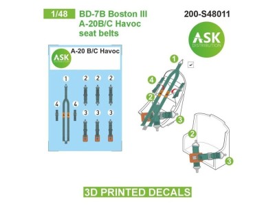 BD-7B Boston III / A-20B/C  Havoc seat belts - 3D printed decals by ASK 