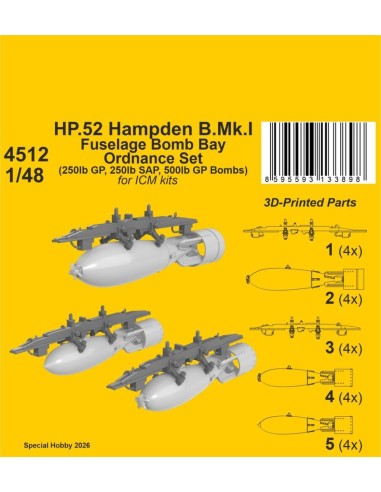 HP.52 Hampden B.Mk.I - Fuselage Bomb Bay Ordnance Set for ICM