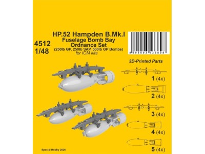 HP.52 Hampden B.Mk.I - Fuselage Bomb Bay Ordnance Set for ICM