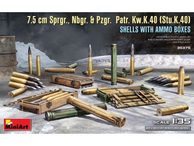 7.5 cm Sprgr., Nbgr. & Pzgr.  Patr. Kw.K.40 (Stu.K.40)  Shells with Ammo Boxes