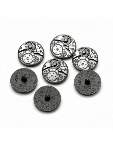 8x Boutons à motifs Steampunk MOUVEMENTS mécaniques - argenté