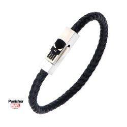 MARVEL - Steel Punisher Skull Logo with Black Leather Bracelet