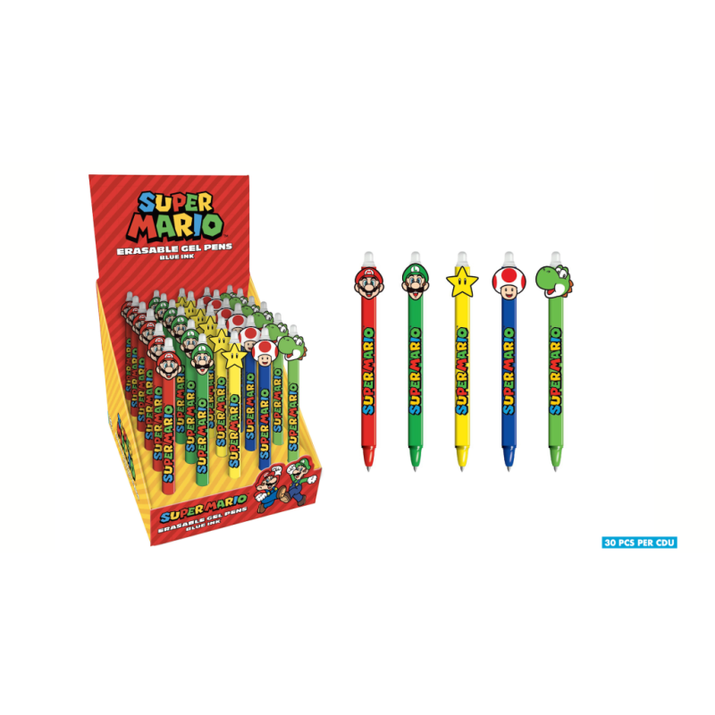 SUPER MARIO - Stylo Ã  Gel EffaÃ§able +Head Topper (Display de 30pcs)