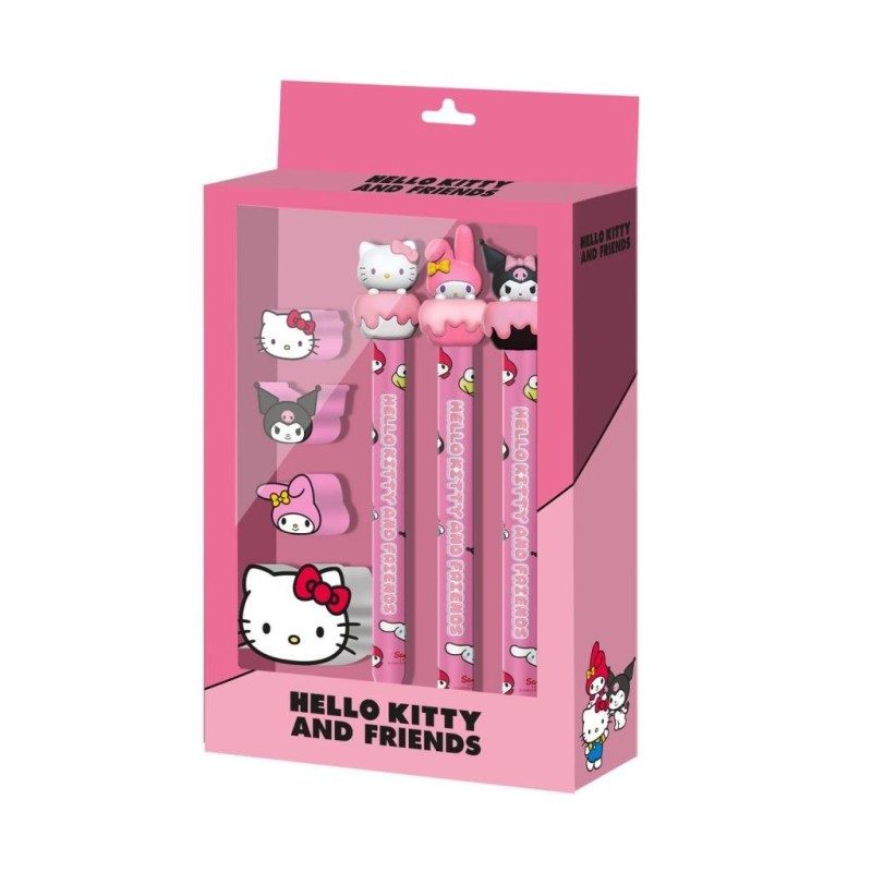 HELLO KITTY & Friends - Cake - Set de 3 Crayons + 4 Gommes 