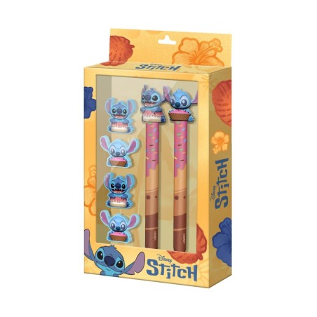 STITCH & ANGEL - Donut - Set de 2 Crayons + 4 Gommes 