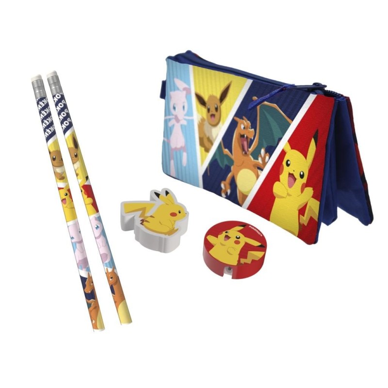 POKEMON - Set de Papeterie avec une Trousse Triple - 5pc 