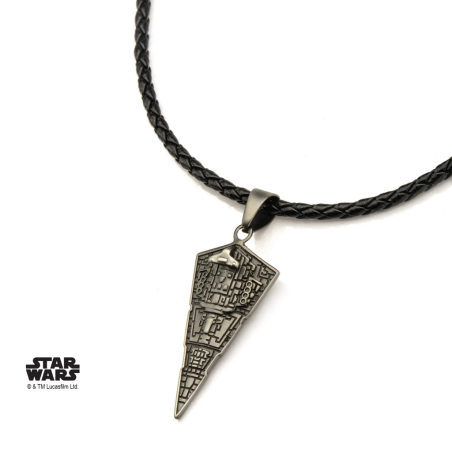 STAR WARS - Men's Stainless Steel Star Destroyer Pendant Black Leather 