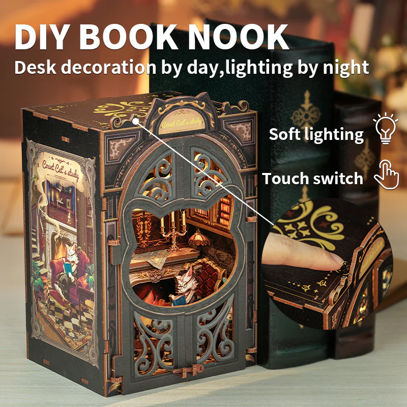 BOOK NOOK KIT - DIY - Le Cabinet du Comte Cat - 108pc + Eclairage LED 