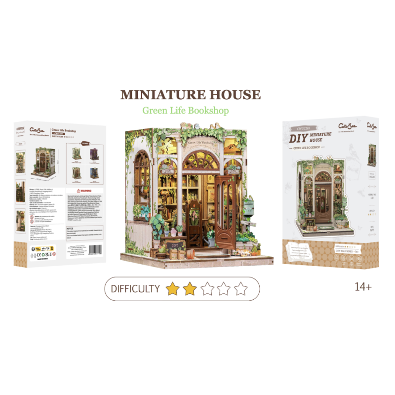 MINIATURE HOUSE - DIY - Librairie Vie Verte - 196pc + Eclairage LED 