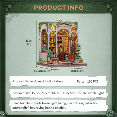 MINIATURE HOUSE - DIY - Librairie Vie Verte - 196pc + Eclairage LED 