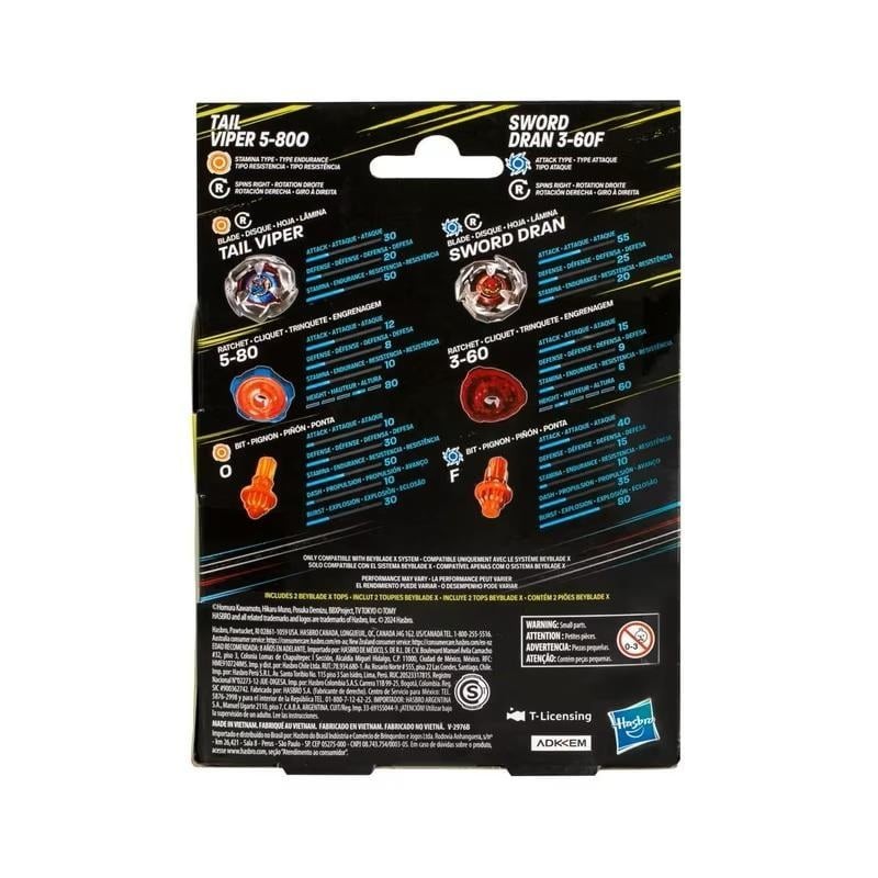BEYBLADE X - Tail Viper 5-80O & Sword Dran 3-60F Dual Pack 
