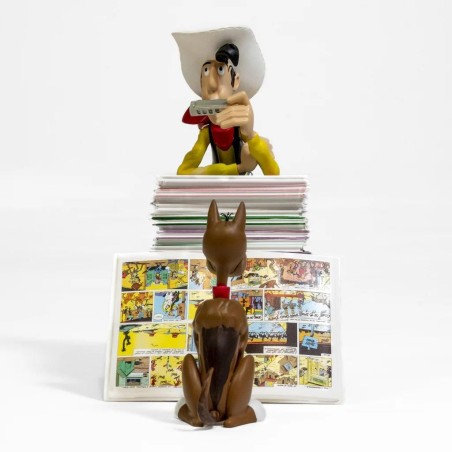LUCKY LUKE - Lucky Luke & Rantamplan sur pile de BD - Statuette 25cm 